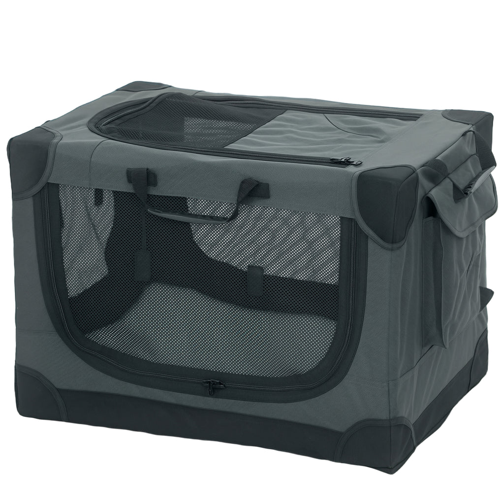Soft Dog Crate Pet Travel Crate 60 x 42 x 43 cm with Removable Pad Mesh Window Army Green
