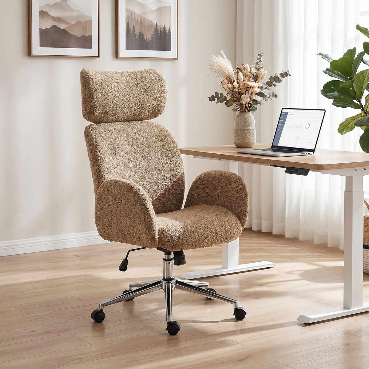 Bürostuhl mit verstellbarer Kopfstütze, ergonomischer Schreibtischstuhl, Kippfunktion, höhenverstellbar, Braun