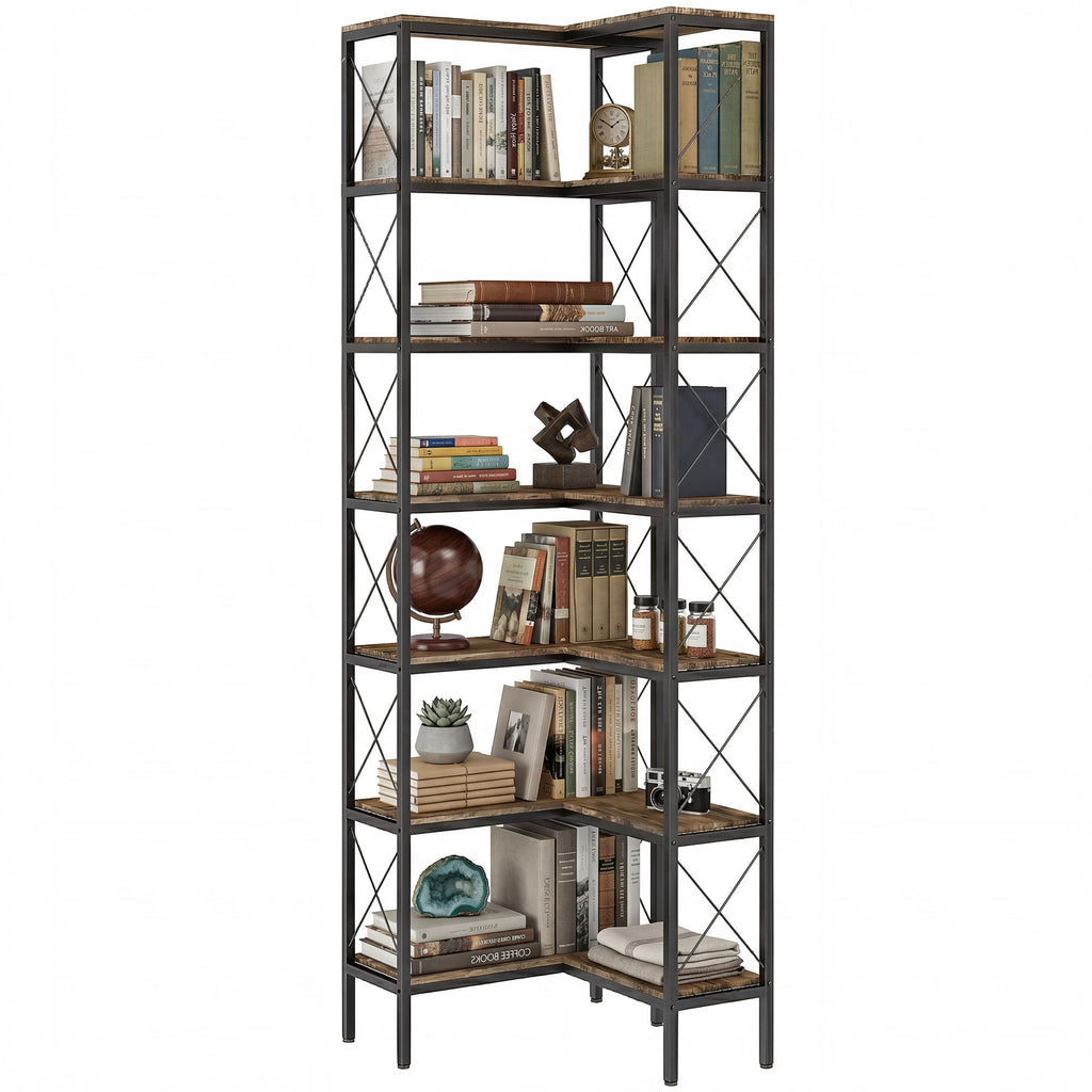 6-Tier L-Shaped Bookshelf, Freestanding Corner Bookcase with Metal Frame, Rustic Brown