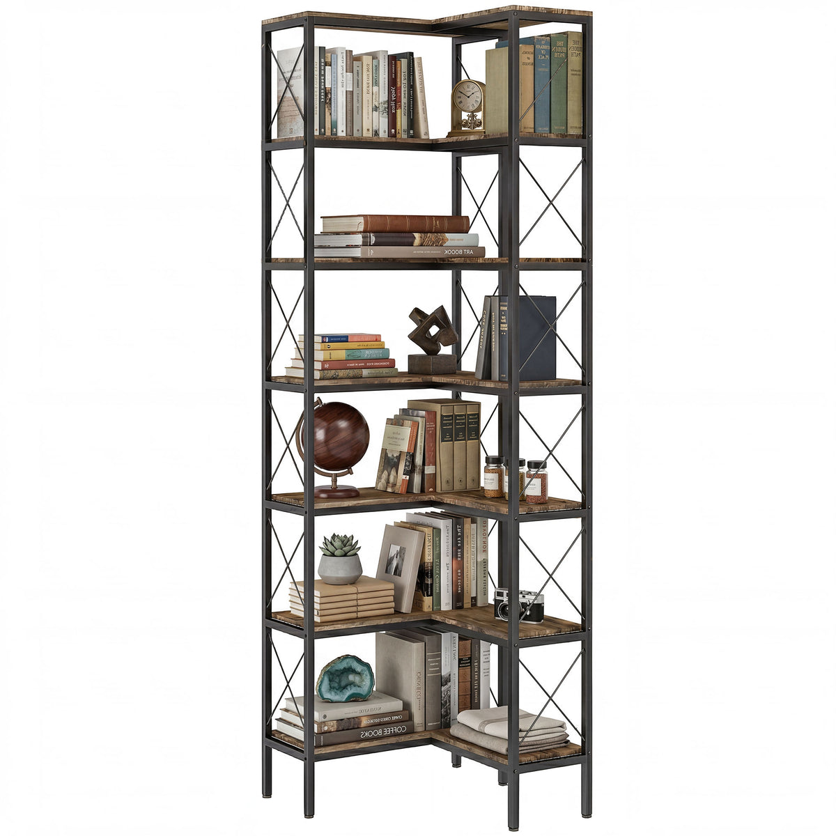 6-Tier L-Shaped Bookshelf, Freestanding Corner Bookcase with Metal Frame, Rustic Brown