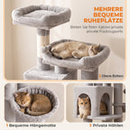 Kratzbaum Große, 200 cm hoch Katzenbaum mit 2 Betten, 3 Höhlen, Hängematte, 3 Bällen für 1-3 Katzen unter 6 kg, Hellgrau