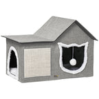 Katzenhaus mit Kratzfläche, inkl. Spielball, Katzenhöhle, 65 cm x 41 cm x 45.5H cm, Braun + Weiß + Beige