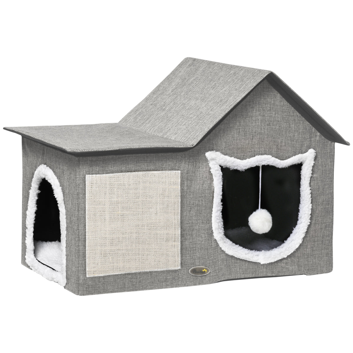 Katzenhaus mit Kratzfläche, inkl. Spielball, Katzenhöhle, 65 cm x 41 cm x 45.5H cm, Braun + Weiß + Beige