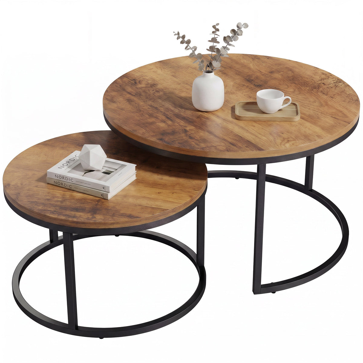 Rundes Couchtisch-Set, 2-teilig, Industrielle Beistelltische mit Metallrahmen für Wohnzimmer und Schlafzimmer, Braun