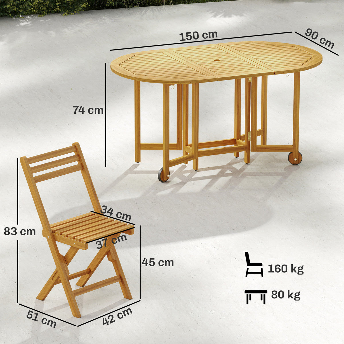 Gartenmöbel Set FSC Holz Sitzgruppe 7-teilig Ausziehbar Tisch mit 6 Klappstühlen Schirmloch Lamellendesign