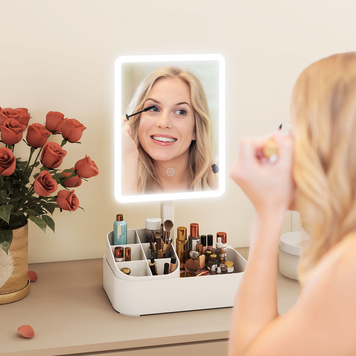 Makeup Mirror with Lights, Rechargeable Vanity Mirror w/ Touch Screen, 2 Lighting Modes and 180° Rotation, White