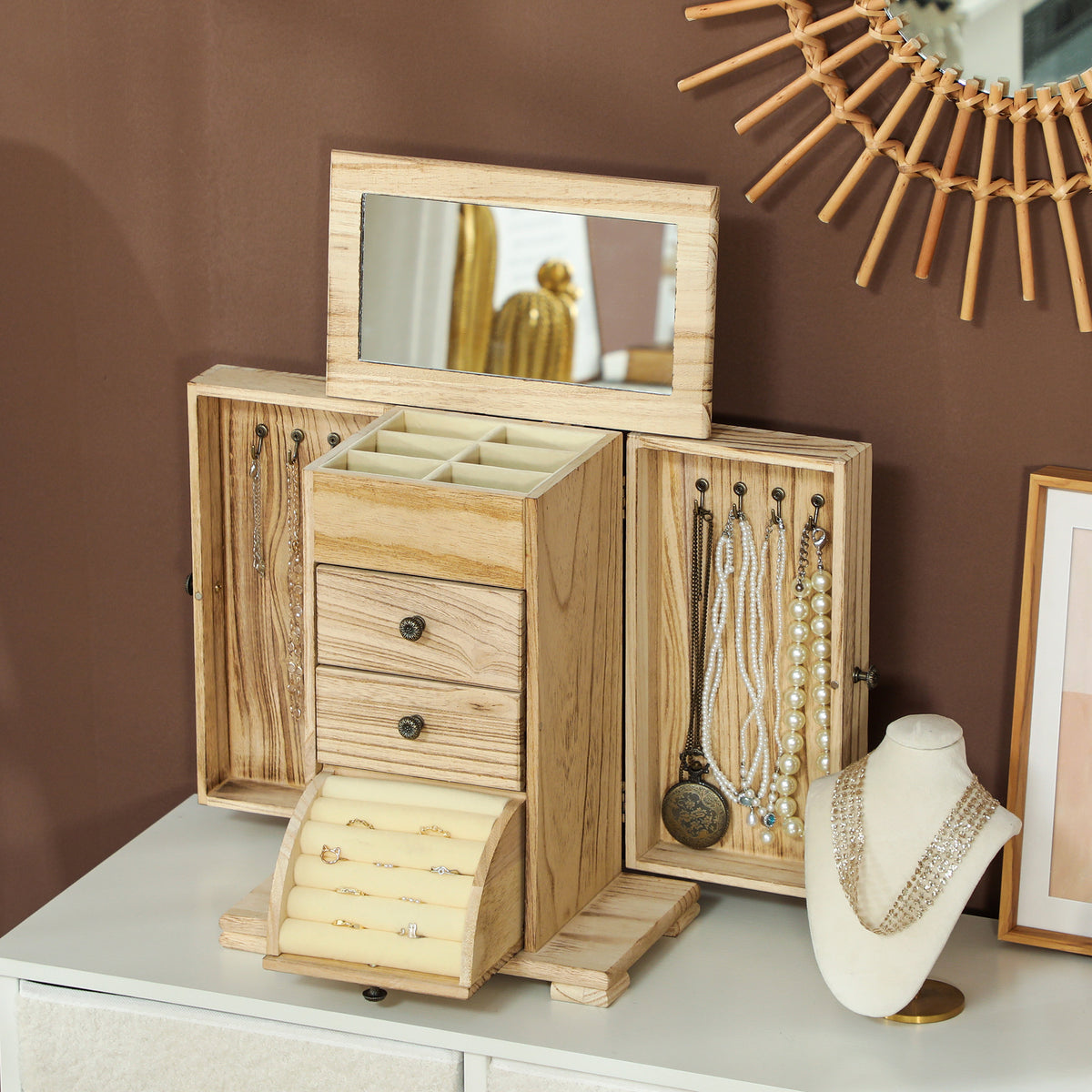 Schmuckbox, Schmuckschatulle, 4-stufiges Layout, integrierter Spiegel, Holz, Braun
