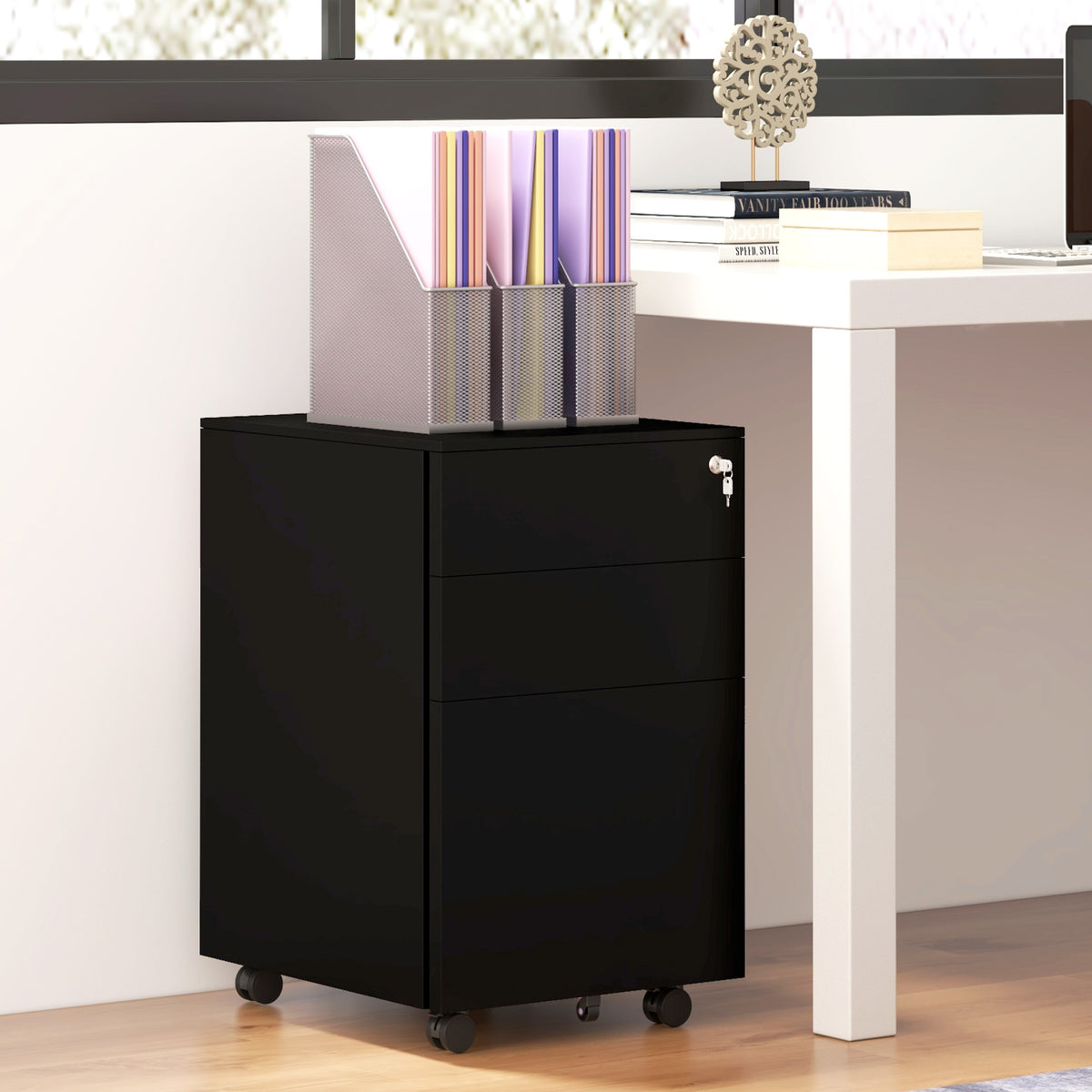3-Drawer Vertical Filing Cabinet with Pencil Tray, Lock and 5 Wheels, Steel Mobile File Cabinet, for A4, Legal and Letter Size, Pre-Assembled Body, Black