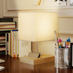 Nachttischlampe, USB-Anschlüsse, Holz, Stoff, Wippschalter, Ablagefächer, Weiß