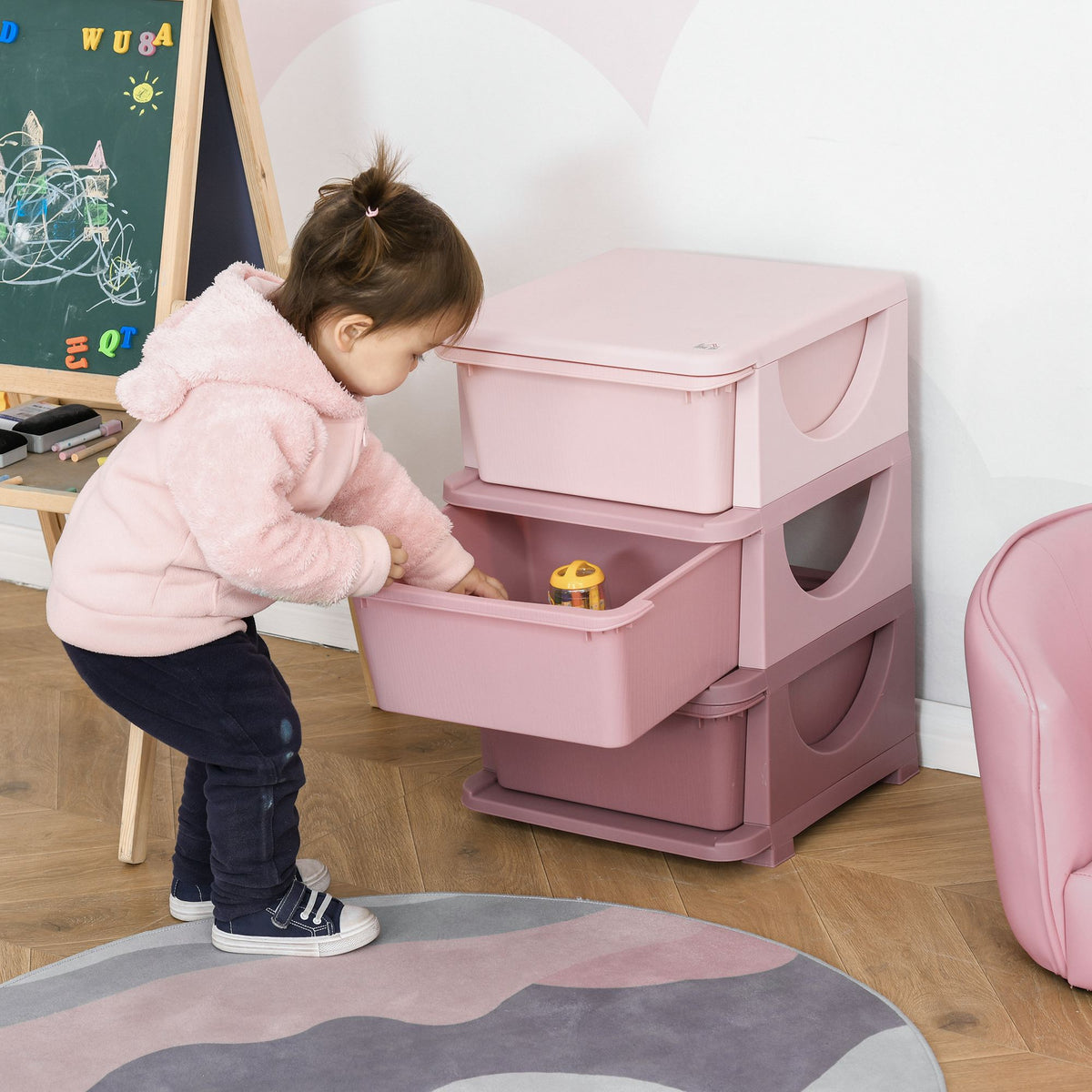 Aufbewahrungsboxen für Kinder, 3 Schubladen, abgerundete Kanten, erhöhtes Design, 37x37x56,5 cm, Rosa