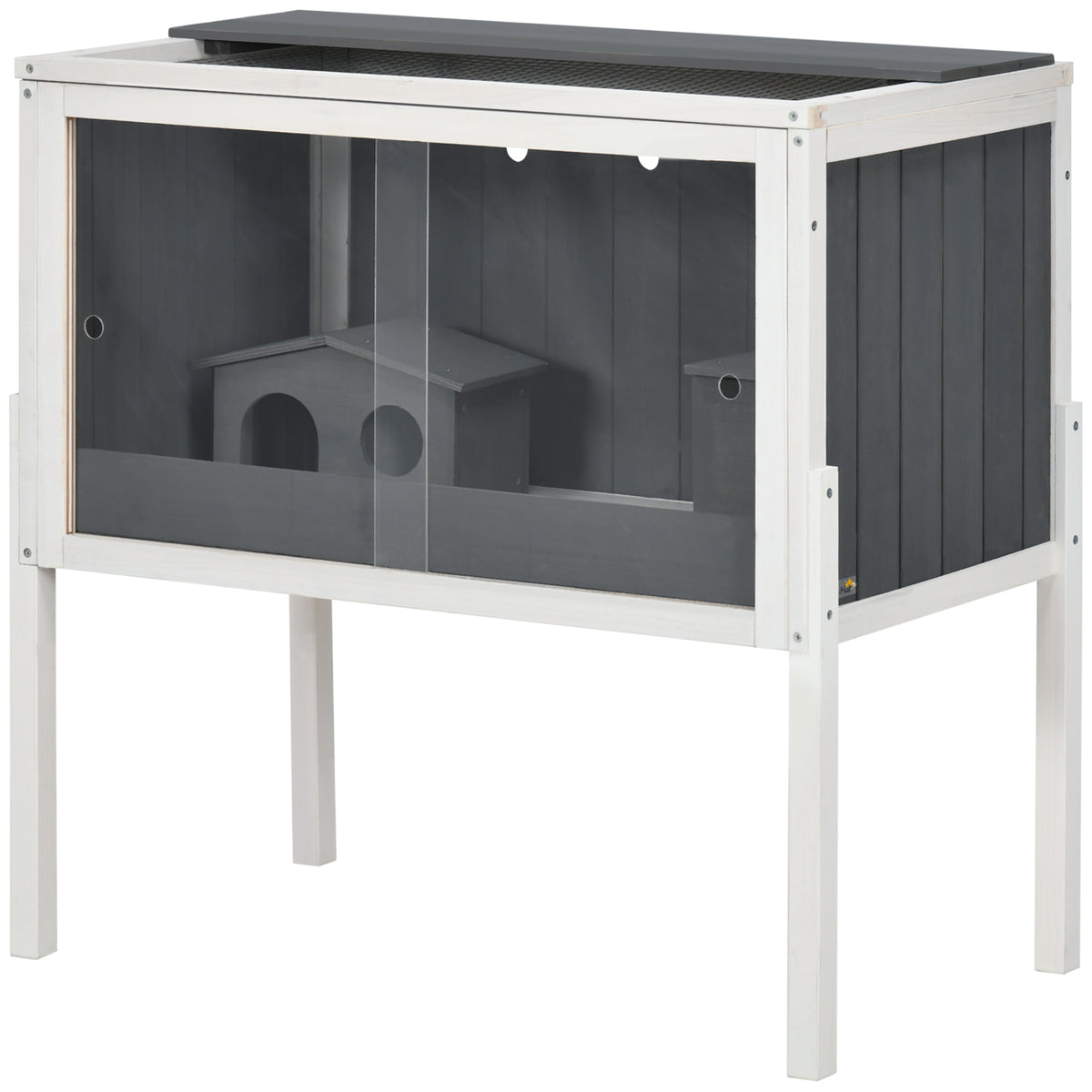 Wooden Hamster Cage for Dwarf Hamsters, Gerbils, Rutin Chicken, with Shelf, Two Huts - Grey