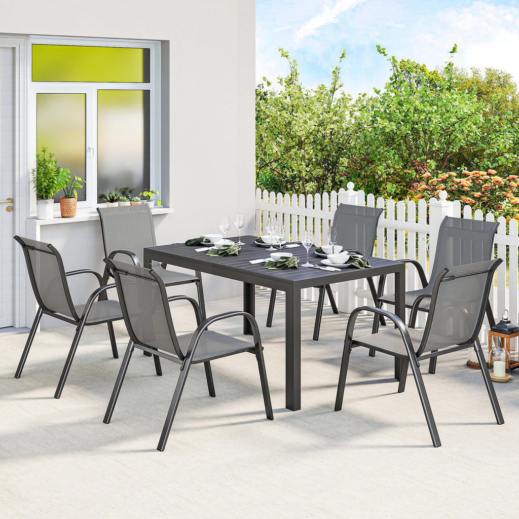 Gartenmöbel Set Sitzgruppe 7-teilig Tisch mit 6 Atmungsaktiven Stapelstühlen Lamelldesign Hellgrau