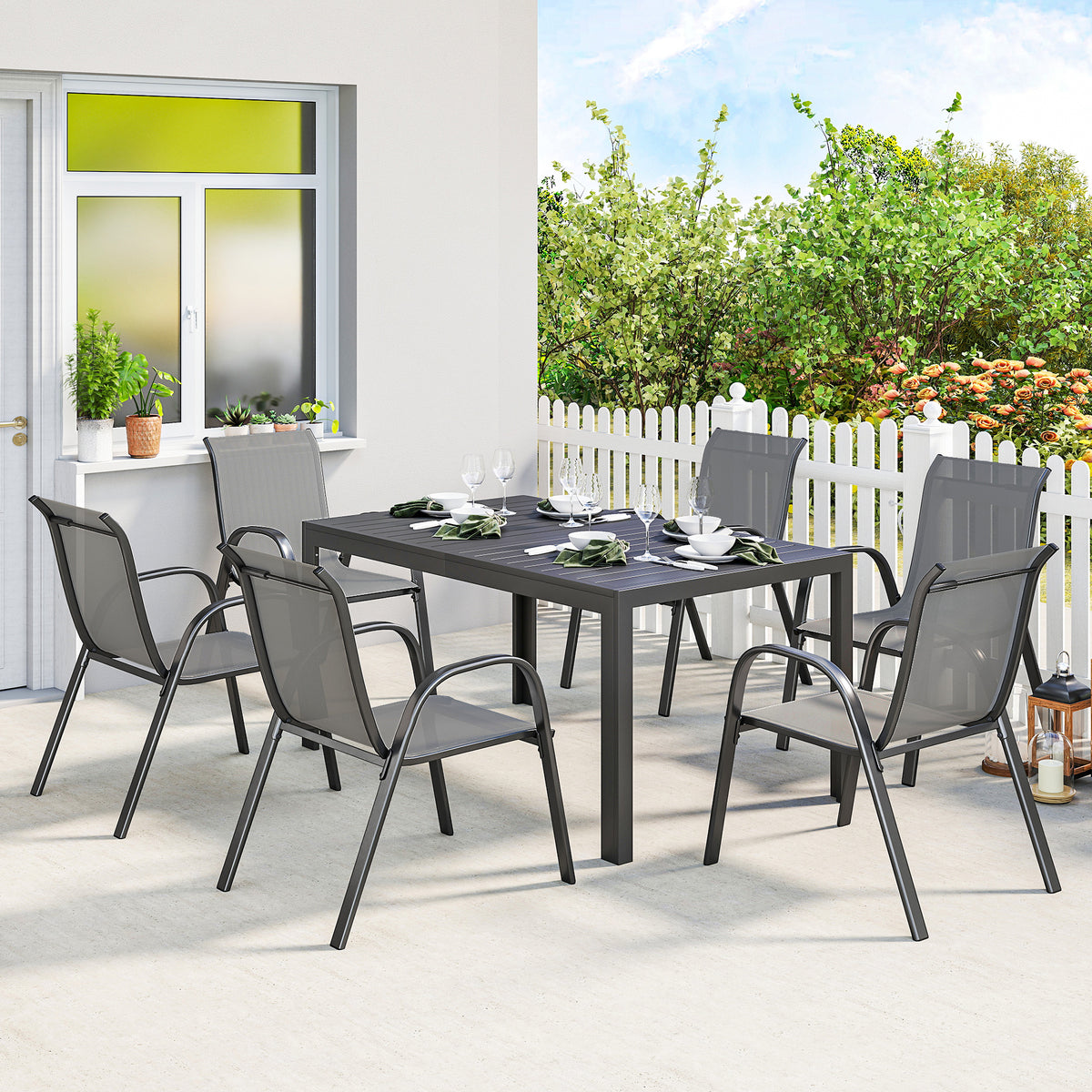 Gartenmöbel Set Sitzgruppe 7-teilig Tisch mit 6 Atmungsaktiven Stapelstühlen Lamelldesign Hellgrau