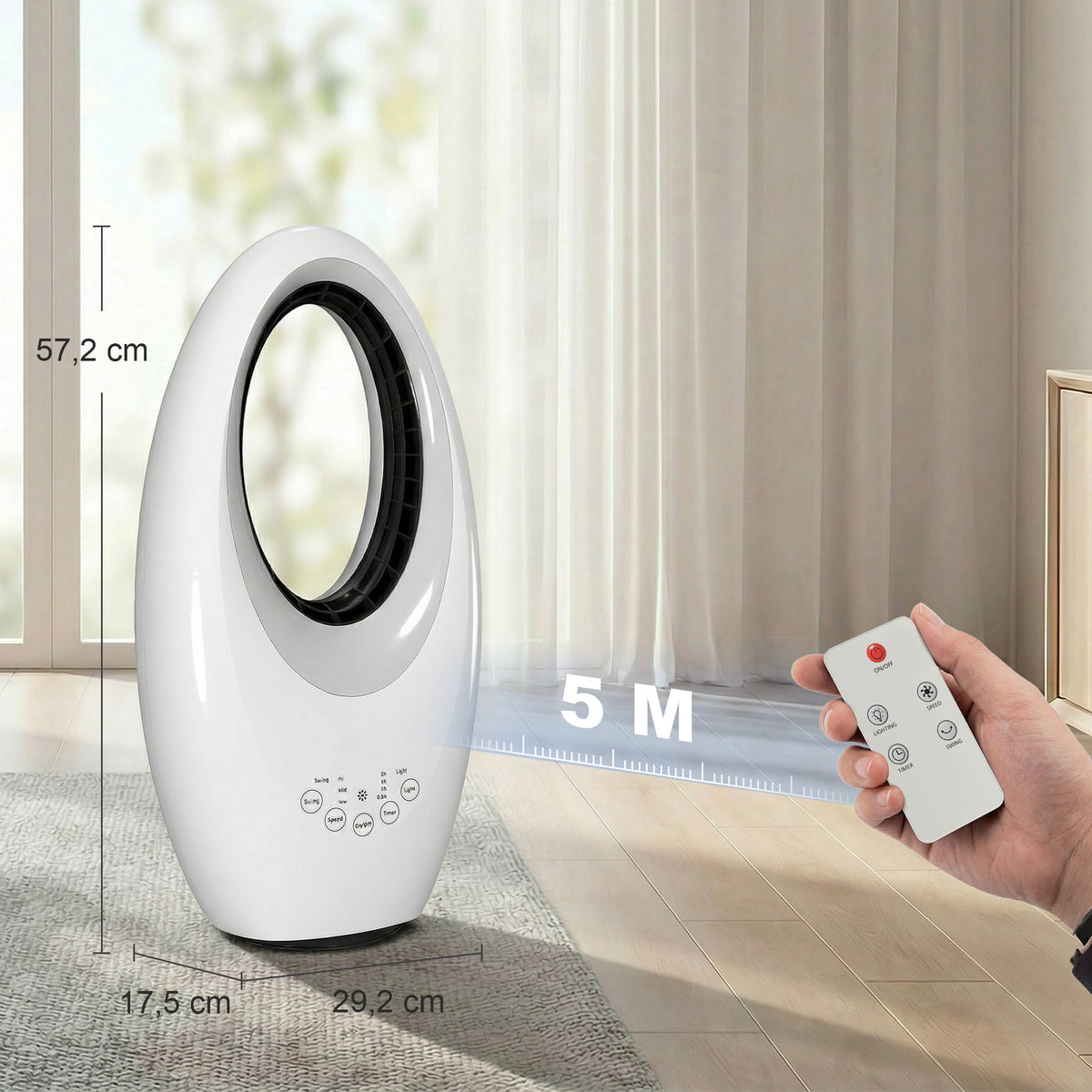 Turmventilator ohne Rotorblätter leiser Ventilator mit 60° Oszillation, LED-Beleuchtung, 3 Geschwindigkeiten, 7,5H-Timer