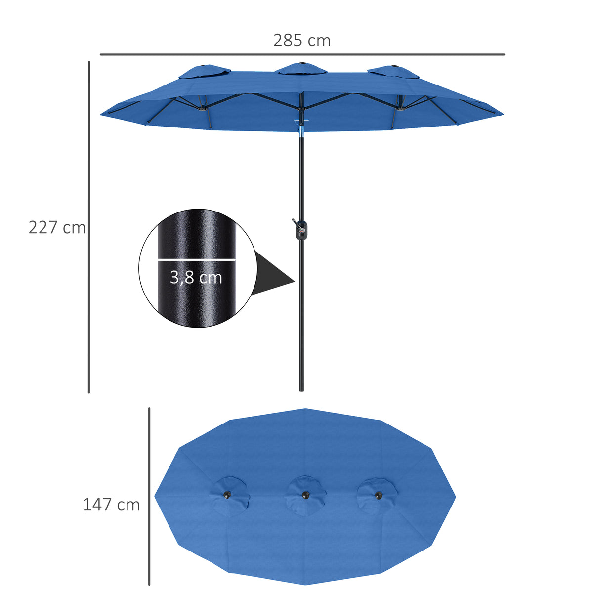 Sonnenschirm, Gartenschirm, neigbar, mit Handkurbel, Winddach, Polyester+Stahl, Marineblau, 285 x 147 cm