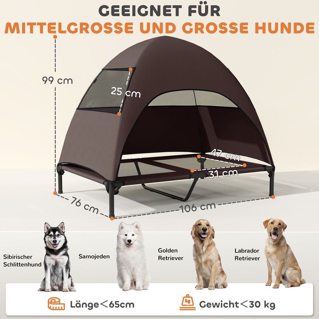 Hundeliege Outdoor mit Dach, Erh?htes Hundebett f¨¹r Gro?e Hunde, 106 x 76 x 99 cm, Kaffee
