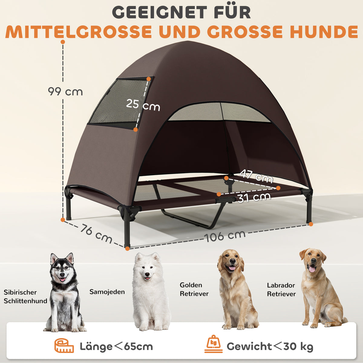 Hundeliege Outdoor mit Dach, Erh?htes Hundebett f¨¹r Gro?e Hunde, 106 x 76 x 99 cm, Kaffee