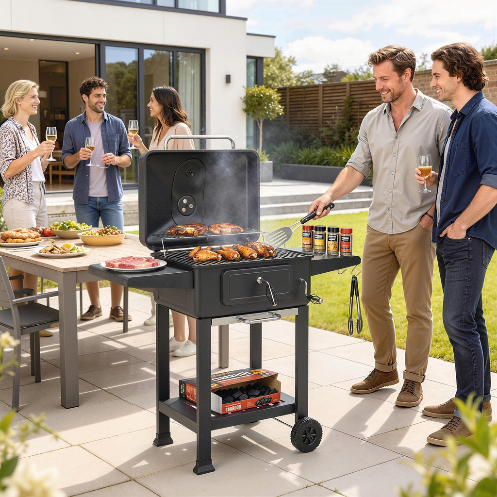 Holzkohlegrill BBQ Smoker mit Deckel Thermometer höhenverstellbar Kohlepfanne Grillrost Seitentisch Aschefach