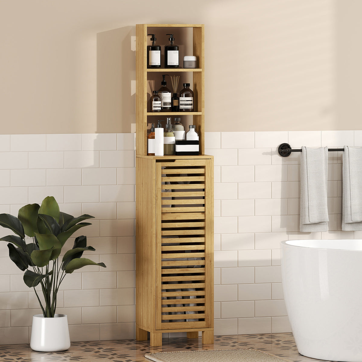Badezimmerschrank schmal, Hochschrank mit 3 offenen Regalen, verstellbaren Regalen, Lamellent¨¹r, 34 x 30 x 170 cm Natur