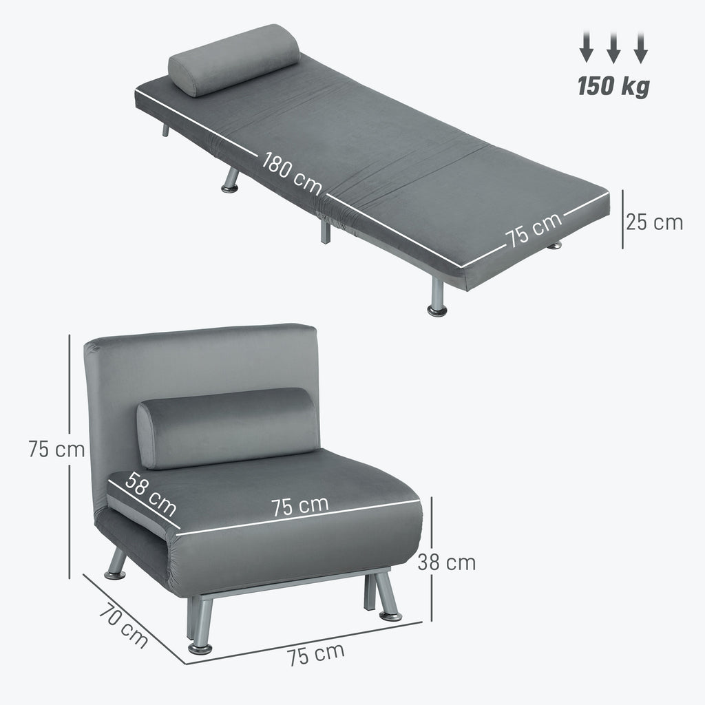 Klappsessel mit Bettfunktion, klappbarer Relaxsessel in Samtoptik, Verstellbare R¨¹ckenlehne, 75 x 70 x 75 cm, Grau