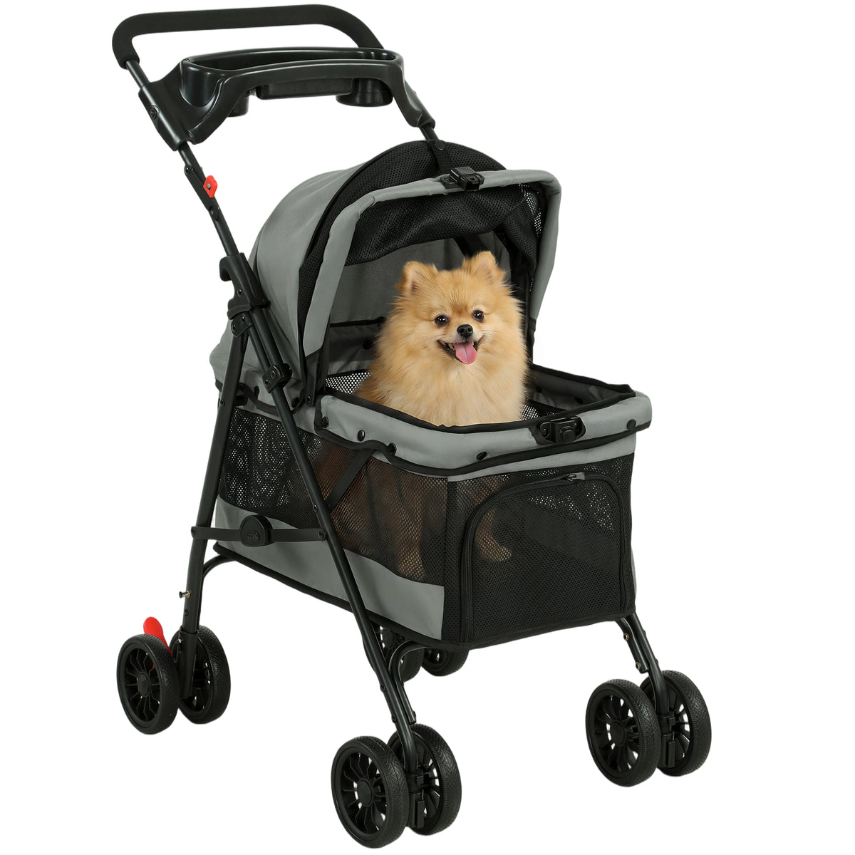 Hundewagen Faltbar Hundebuggy mit Kissen Netzfenstern Getränkehalter 360° drehbare Räder für kleine Hunde bis 10kg Grau