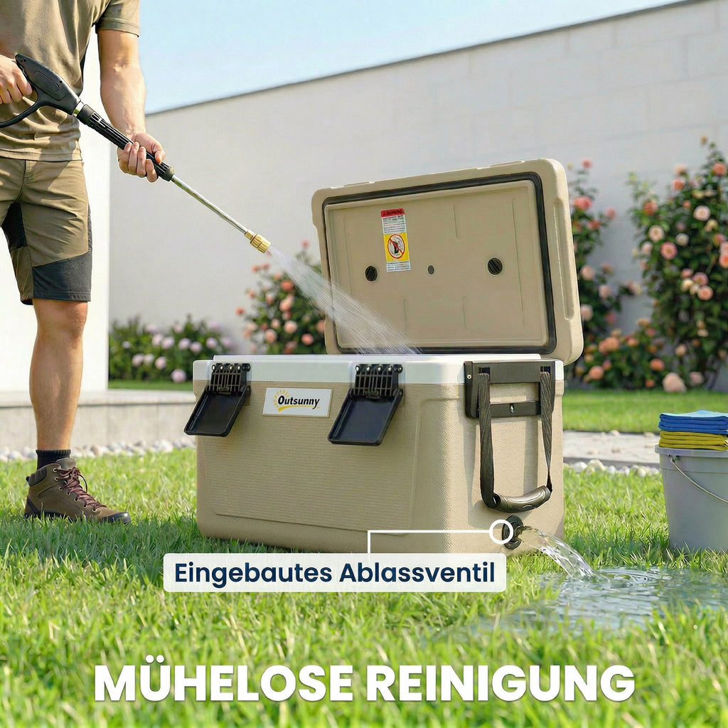 42.6L Insulated Cool Box, Lightweight Portable Ice Cooler with Handle, Lid and Drain Valve, Khaki