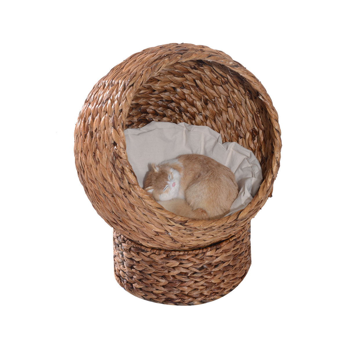 Woven Banana Leaf Elevated Cat Bed Wicker Kitten Basket Pet Den, House Cosy Cave with Soft Cushion Dome 50x42x60cm Brown