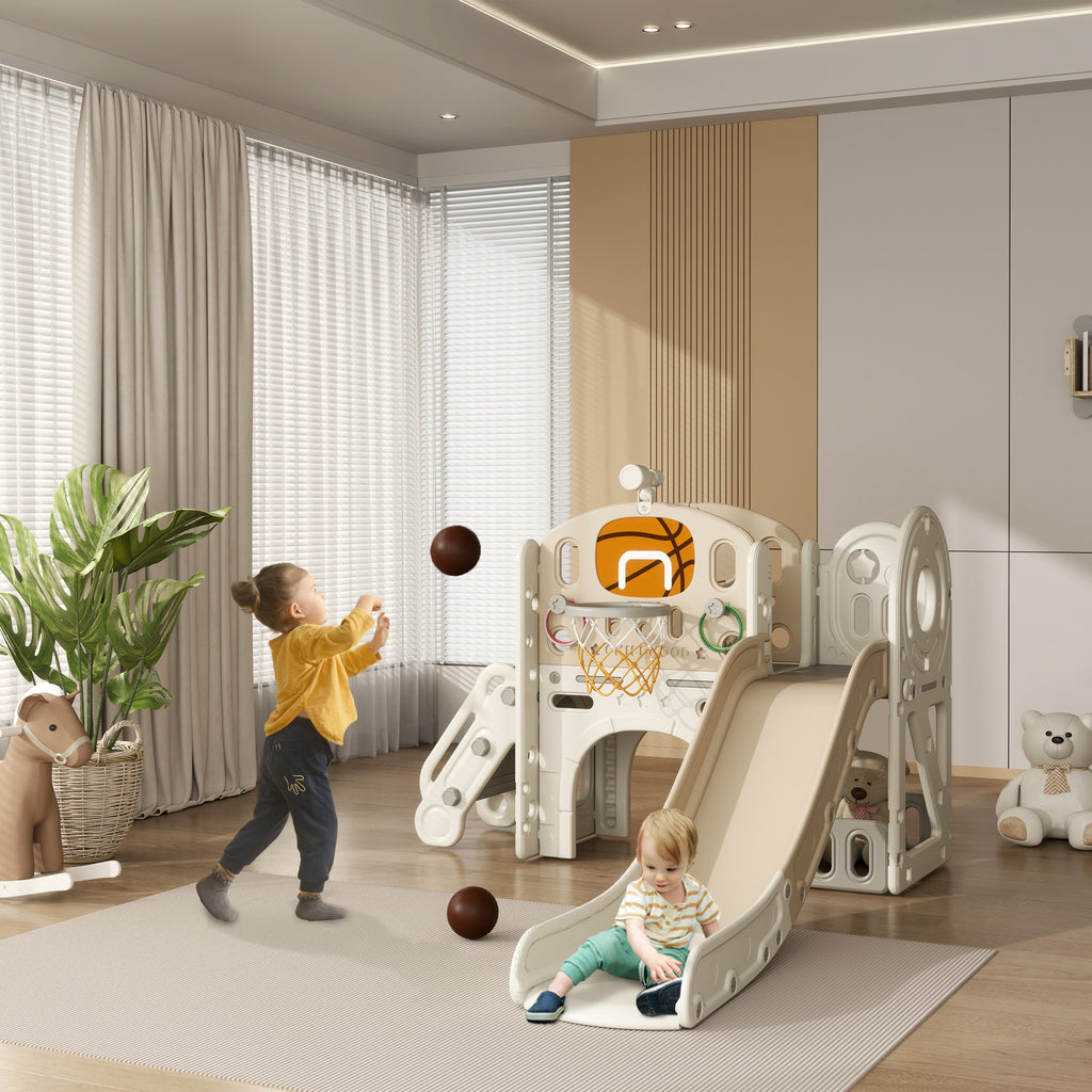 Kinder-Spielger¨¹st, 7-in-1 Rutsche, Indoor Spielplatz mit Stauraum und Krabbeltunnel, 186x153x111 cm, Cremewei?