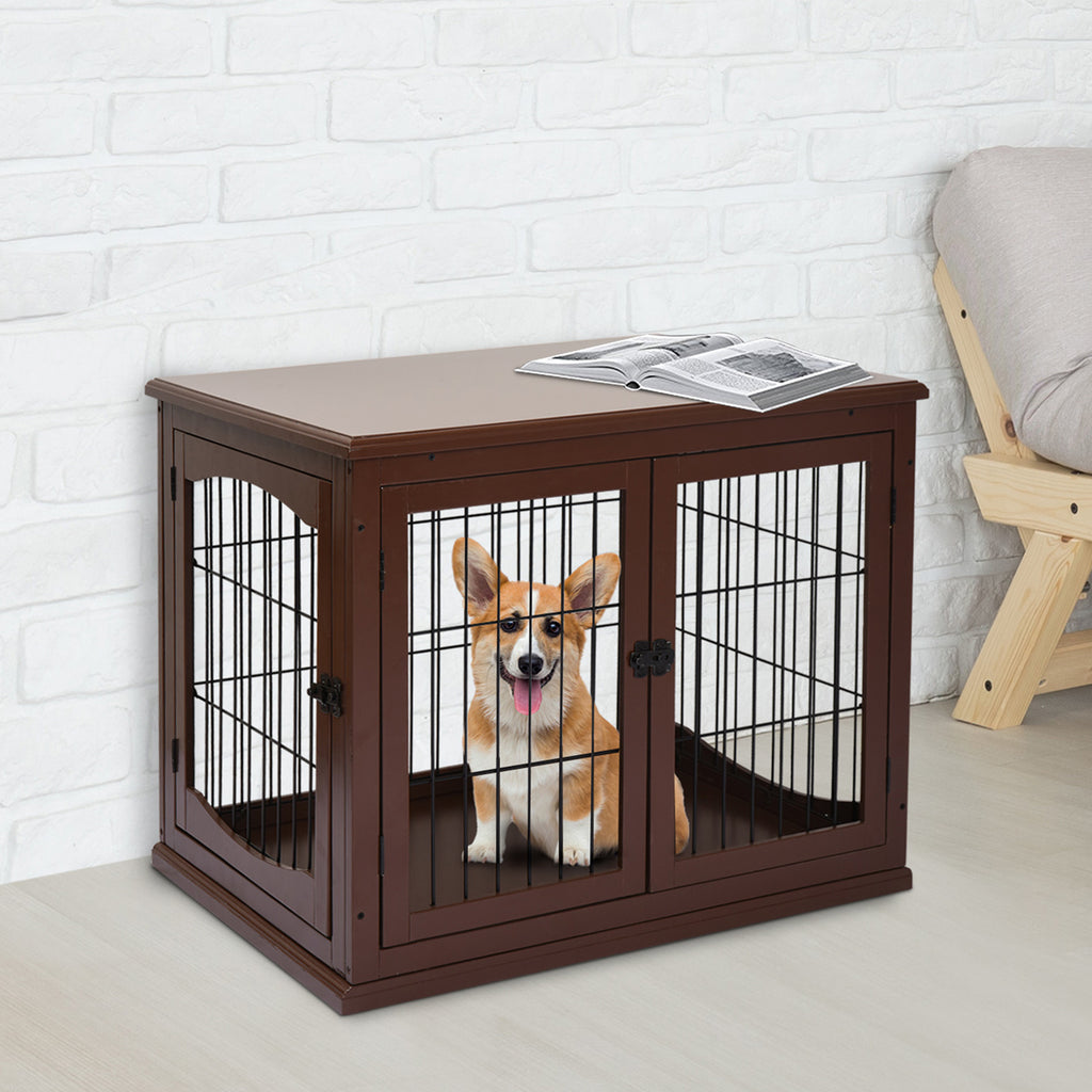  Dog Crate Furniture, Puppy Crate End Table, Pet Kennel House with 2 Doors for Medium and Small Dogs, 81 x 58.5 x 66 cm, Brown