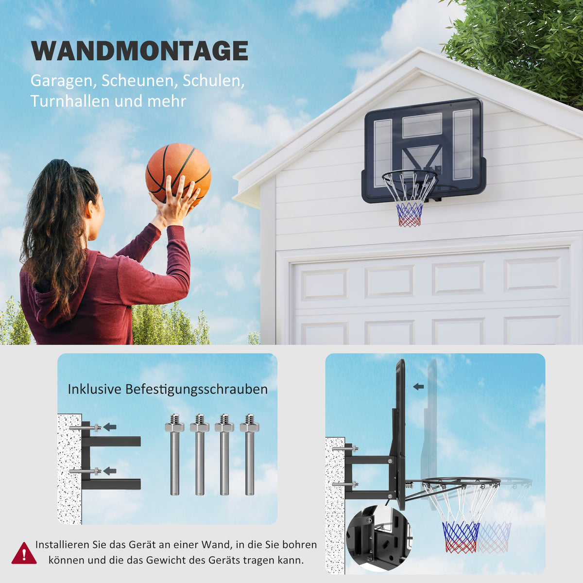 Wandmontierter Basketballkorb, Reißfestes Netz, wetterbeständig, widerstandsfähig, für drinnen und draußen, Schwarz