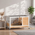 Wooden Guinea Pig Hutch, 2-Floor Bunny Cage w/ Enclosed Run Area, Yellow