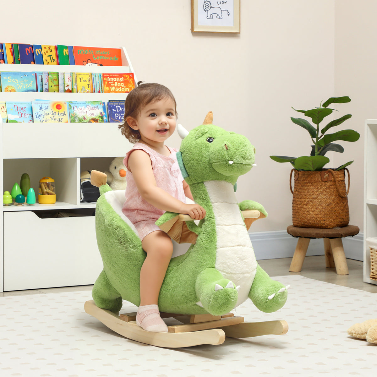 Schaukeltier, Dinosaurier-Schaukel, interaktive Tierger?usche, weiche F¨¹llung, Holzrahmen, 73 x 39 x 66 cm, Gr¨¹n