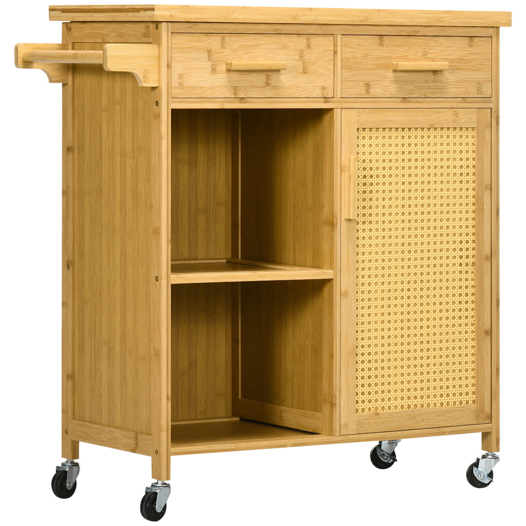 K¨¹chenwagen aus Bambus, Mehrzweckwagen, Sevierwagen, 2 Schubladen, 1 Schrank,  2 Regale, Natur