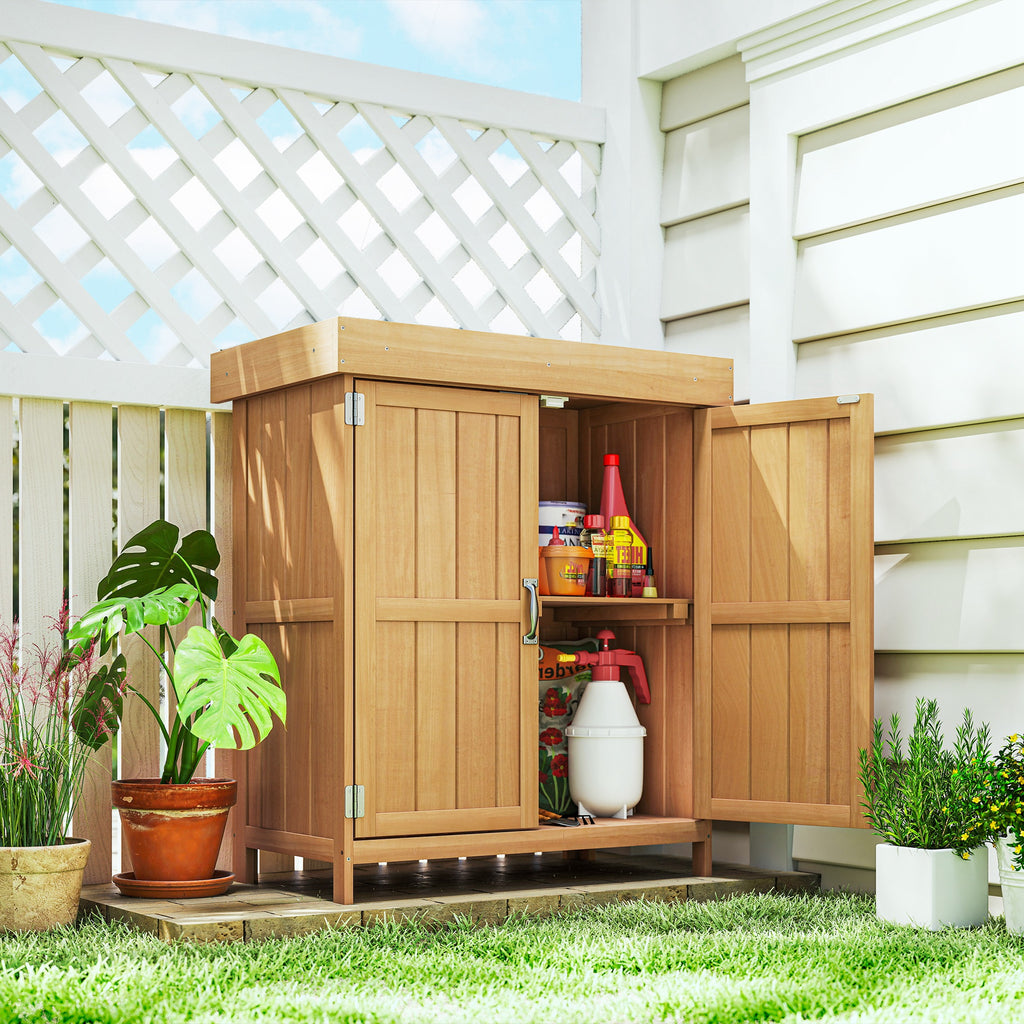 Gartenschrank Tannenholz, Geräteschuppen wetterfest 74x43x88cm, Gerätehaus mit Doppeltür, 2 Fächern, Geräteschrank, Gartenhaus Werkzeugschrank Gartenschuppen für Garten, Terrasse, Natur