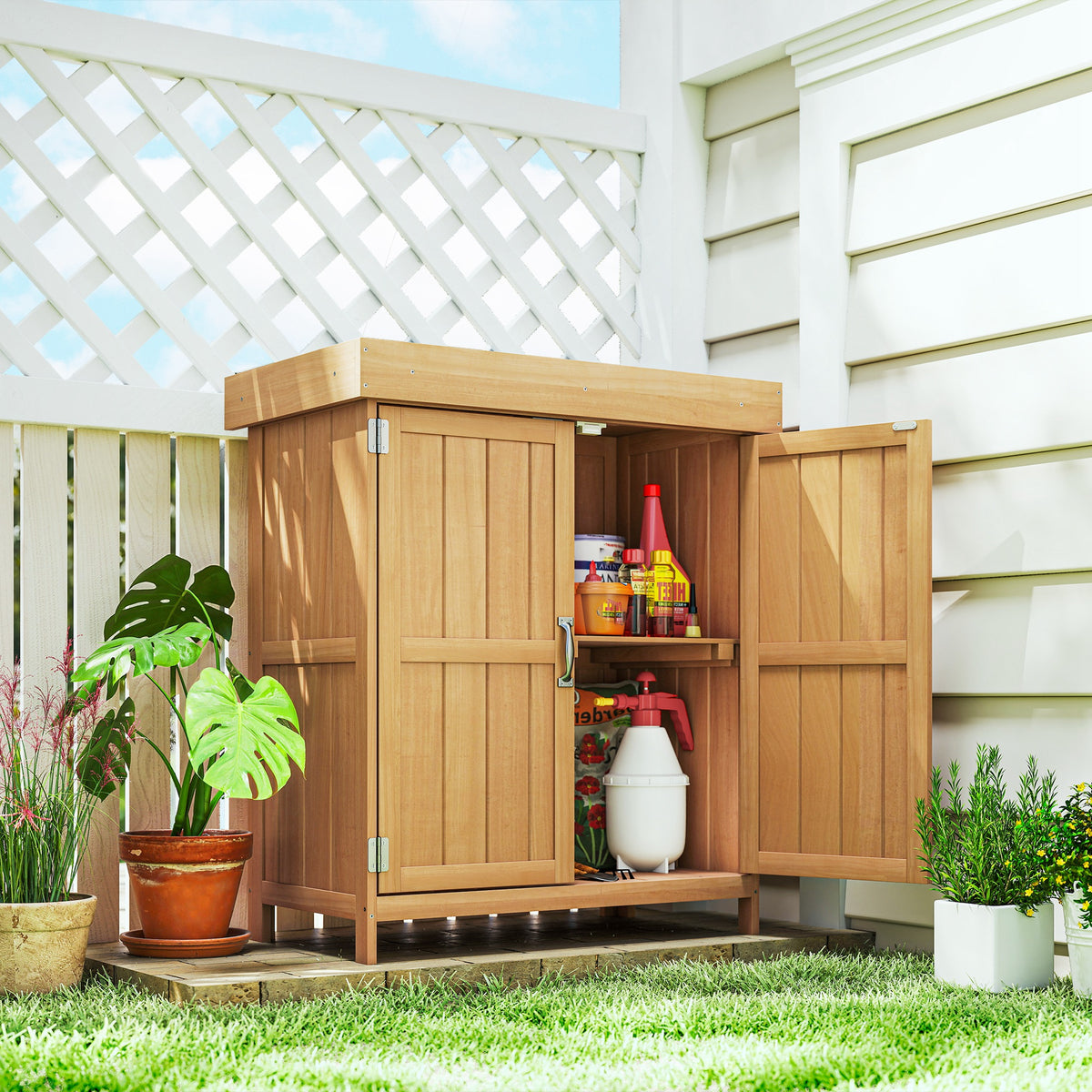 Gartenschrank Tannenholz, Geräteschuppen wetterfest 74x43x88cm, Gerätehaus mit Doppeltür, 2 Fächern, Geräteschrank, Gartenhaus Werkzeugschrank Gartenschuppen für Garten, Terrasse, Natur
