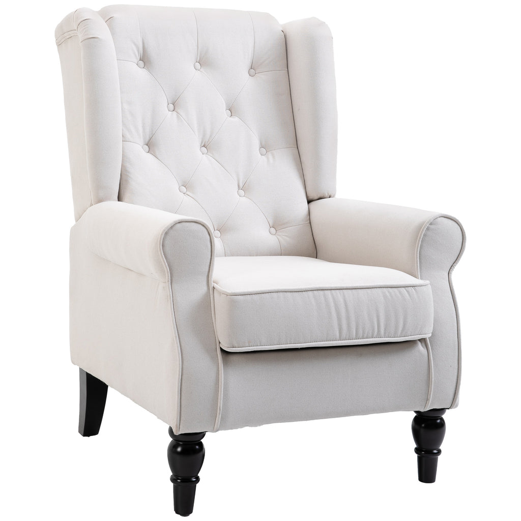 Ohrensessel Relaxsessel Sessel, Vintage-Design, Knopfheftung, gedrechselte Beine, 74 cm x 86 cm x 102 cm, Cremeweiß