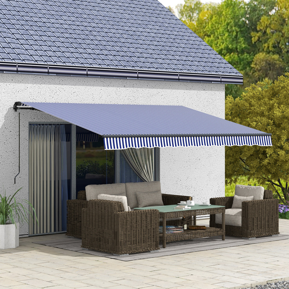 Sonnenmarkise Markise Terrassenmarkise, inkl. Handkurbel, wetterbeständig, 400 cm x 300 cm, Blau + Weiß