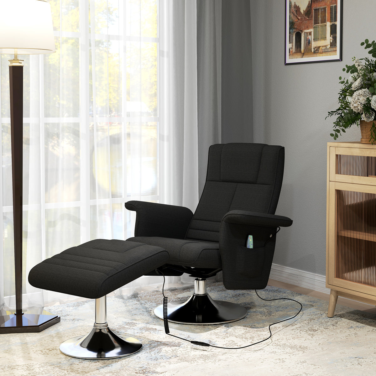 Massagesessel mit Hocker, neigbare Lehne, 78 x 95 x 88 cm, Schwarz