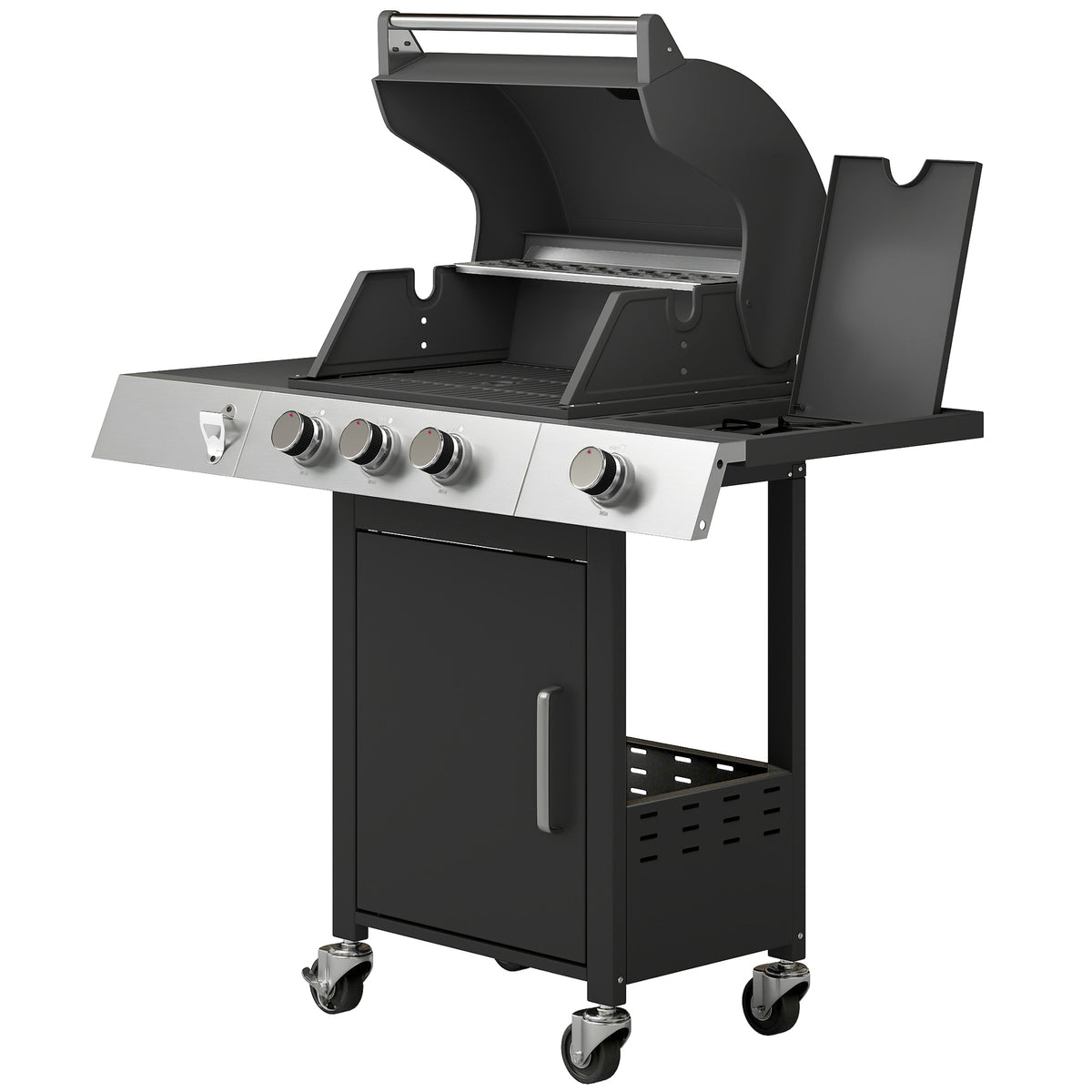 Gasgrill 10,5 KW 3+1 Brenner BBQ Grillwagen Edelstahl inkl Seitenbrenner Flaschenöffner Thermometer Gusseisen-Grillrost