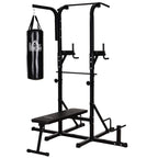 Kraftstation mit Klimmzugstange, Multifunktionale Dip-Station, Trainings-Gerät für Zuhause, mit Boxsack, Fitness, Stahl, Schwarz, 180 x 183 x 219 cm