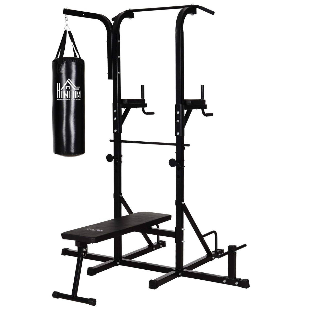 Kraftstation mit Klimmzugstange, Multifunktionale Dip-Station, Trainings-Gerät für Zuhause, mit Boxsack, Fitness, Stahl, Schwarz, 180 x 183 x 219 cm
