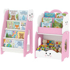 3-in-1 Kinderregal mit Spielzeugaufbewahrung, Modularer Bücherregal mit 4 Taschen & 3 Ebenen sowie Nachttisch, Rosa