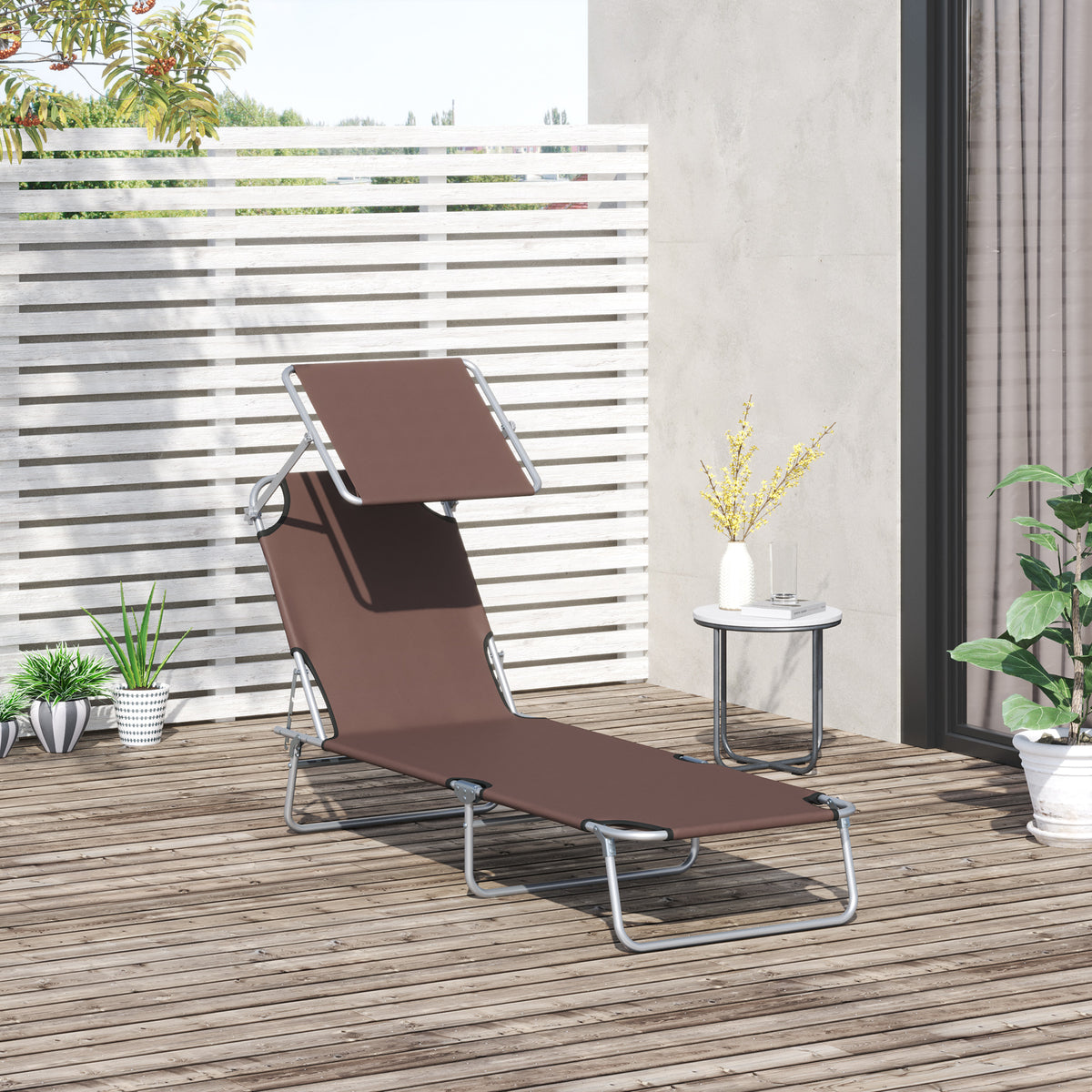  Sonnenliege klappbar Gartenliege mit Sonnenschutz Liegestuhl mit 4-Fach verstellbare Rückenlehne Campingliege bis 120kg belastbar für Garten, Balkon und Pool geeignet, 6 Farben(Braun )
