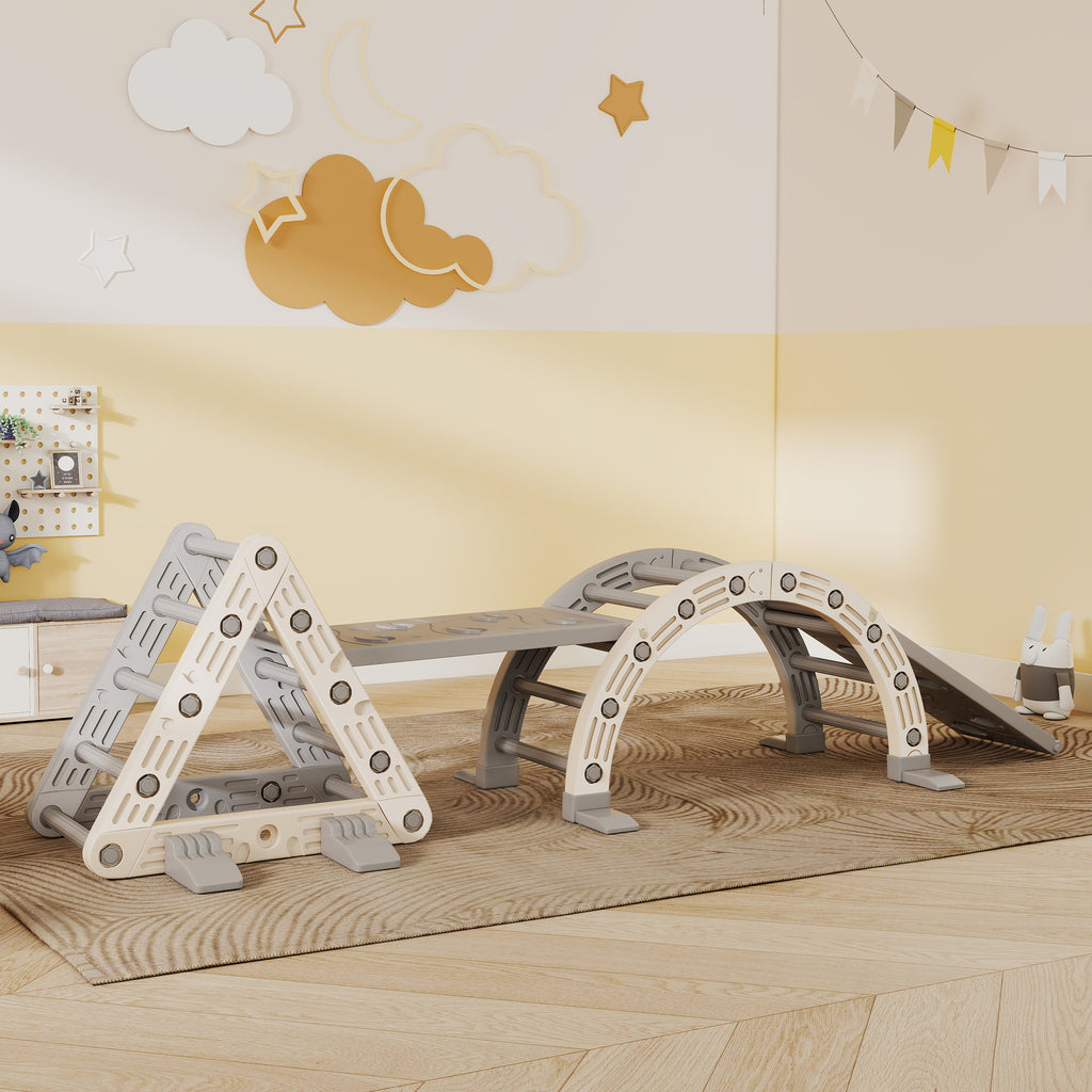 5 in 1 Kletterger¨¹st Montessori Indoor, Kletterdreieck mit Rutsche, Kletterbogen, doppelseitige Rampe, Spielplatz Indoor f¨¹r Kinder 18-48 Monate, Grau+Wei?