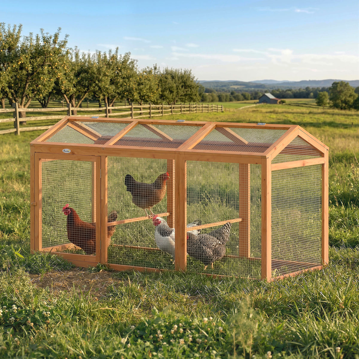 Hühnerstall Freilaufgehege mit Sitzstange Doppeltüren, aus Holz und Metall, für 4 Hühner, 156 x 70,5 x 84 cm Orange