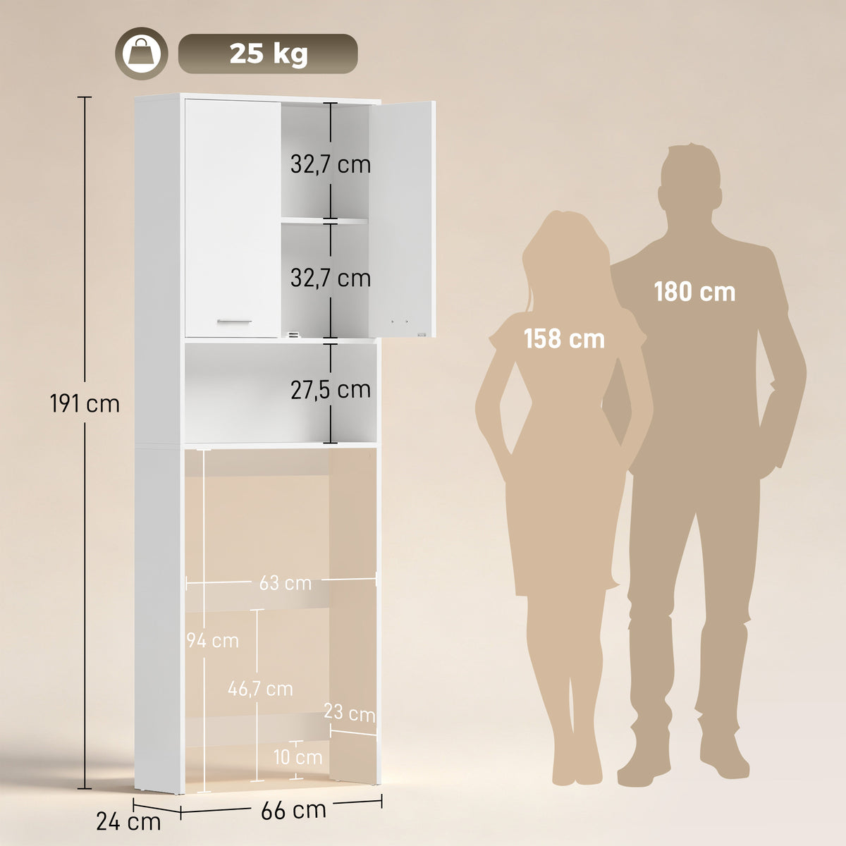 Waschmaschinenschrank mit 2 Türen 66 x 24 x 191 cm Weiß