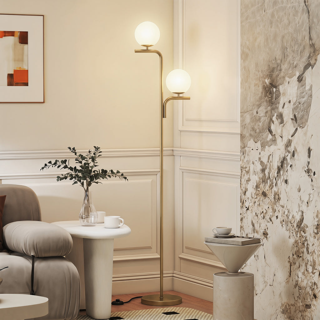 LED-Stehlampe, moderne Lampe mit 3 Farbtemperaturen, Glaskugelschirme und Fußschalter, Gold
