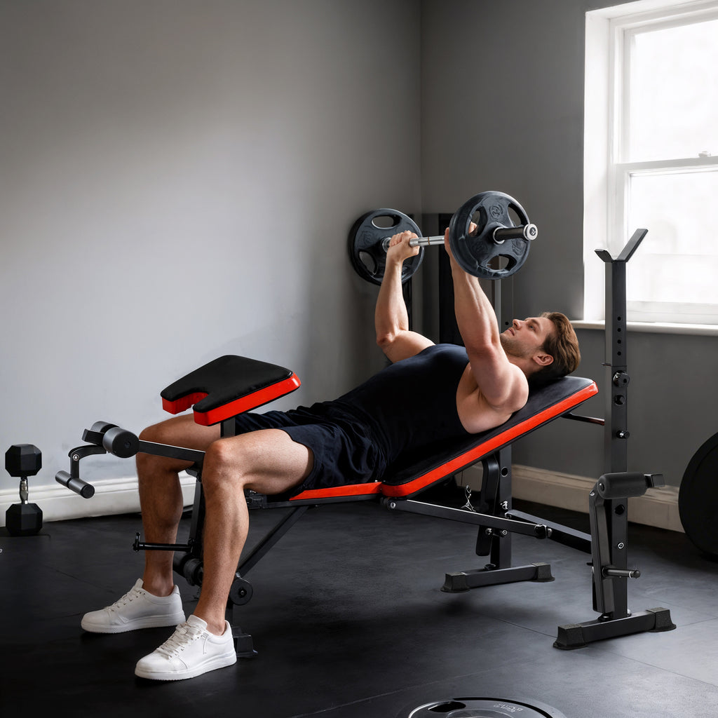 Hantelbank ohne Gewichte, verstellbare Fitnessbank für zahlreiche Übungen, Workout-Station, Stahl, Kunststoff, Schwarz+Rot