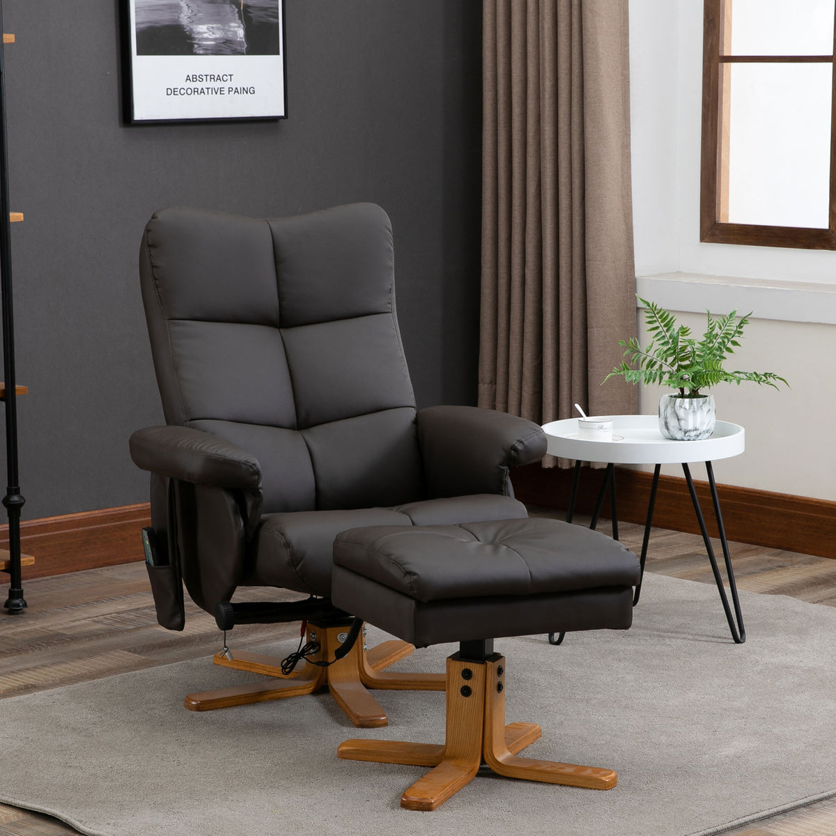 Relaxsessel mit Hocker, 360°drehbarer Fernsehsessel mit Massage, Liegefunktion, Massagesessel mit Seitentasche, TV-Sessel, Kunstleder für Wohnzimmer Braun