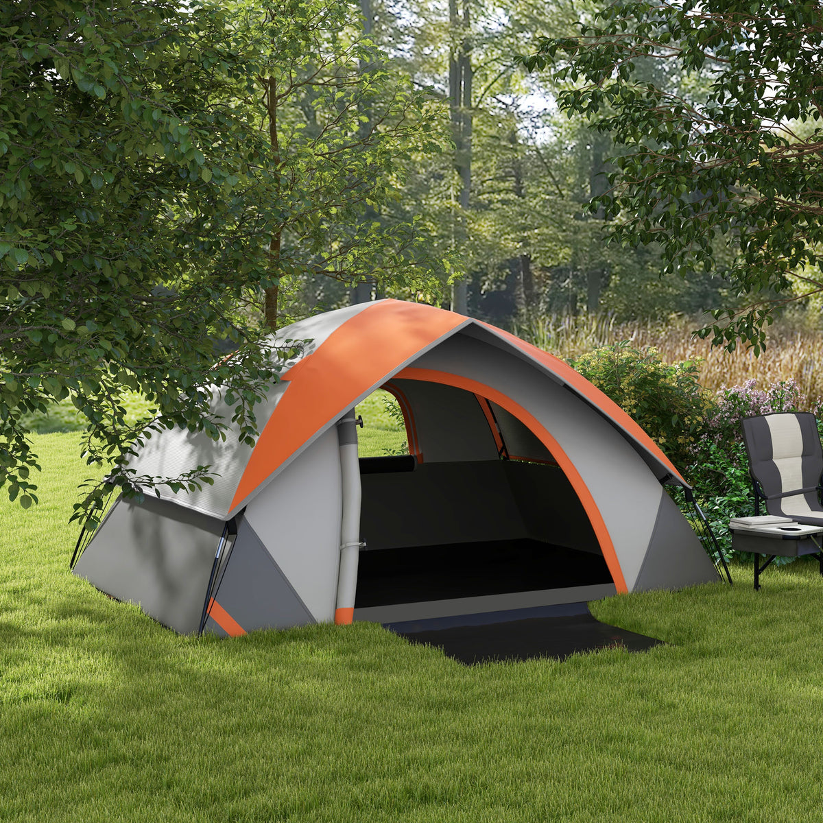 Two Man Single Room Dome Tent, with Accessories - Orange/Grey
